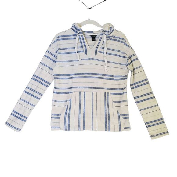 Roots Women's Blue White Striped Cotton Long Sleeve V Neck Pullover Hoodie XS - Picture 1 of 10